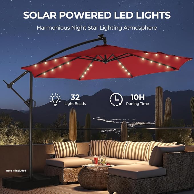 HOMSHADE 10ft Solar Lights Offset Cantilever Patio Umbrella - with Light and Base, LED Lighted Offset Hanging Patio Outdoor Market Umbrella UPF50+ UV Protection with Easy Tilt and Crank (Red)