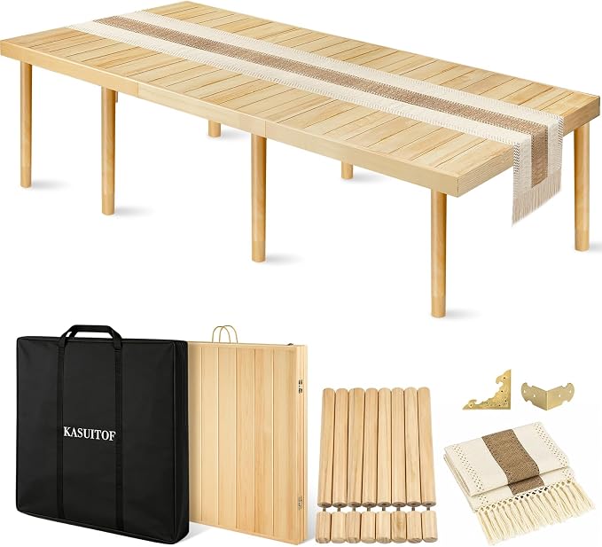 Low Picnic Table with 2 Adjustable Heights – Boho Wooden Picnic Table with Table Runner, 95" x 34" Size for 10, Portable & Foldable for Beach, Camping & Forest