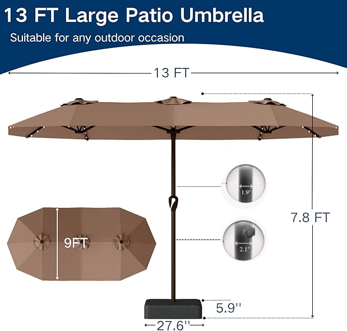 Large Patio Umbrella with Solar Lights and Base, Double-Sided Outdoor Rectangle Umbrella with 48 LED Lights, Market Table Umbrellas with UV Resistant Canopy
