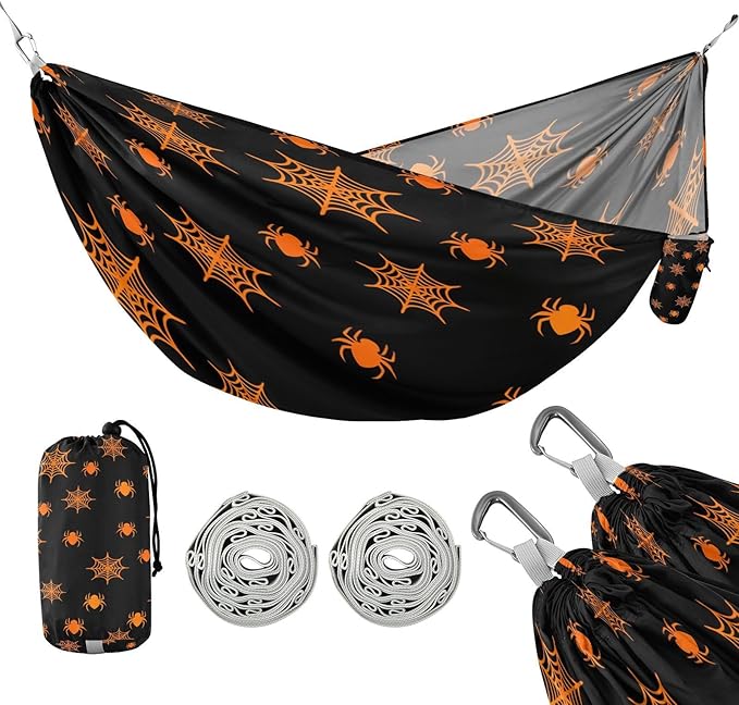 Hammocks for Outside Orange Spiderwebs Camping Hammock Portable Hammocks with Tree Straps and Carry Bag Camping Accessories for Hiking Beach Outdoor
