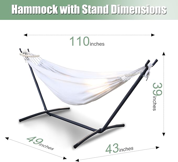 2 Person Hammock with Stand for Indoor & Outdoor, 550lbs Sturdy Steel Frame - Anti-Flip Curved Bars Safety - Comfortable Cotton Portable Hammock for Patio, Sunroom, Bedroom, Natural Beige