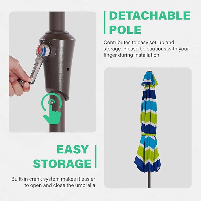 JEAREY 11' Patio Umbrellas Outdoor Table Market Umbrella w/Crank, 8 Sturdy Ribs, UV Protection Windproof for Garden, Deck, Backyard, Pool(Blue Green Striped)