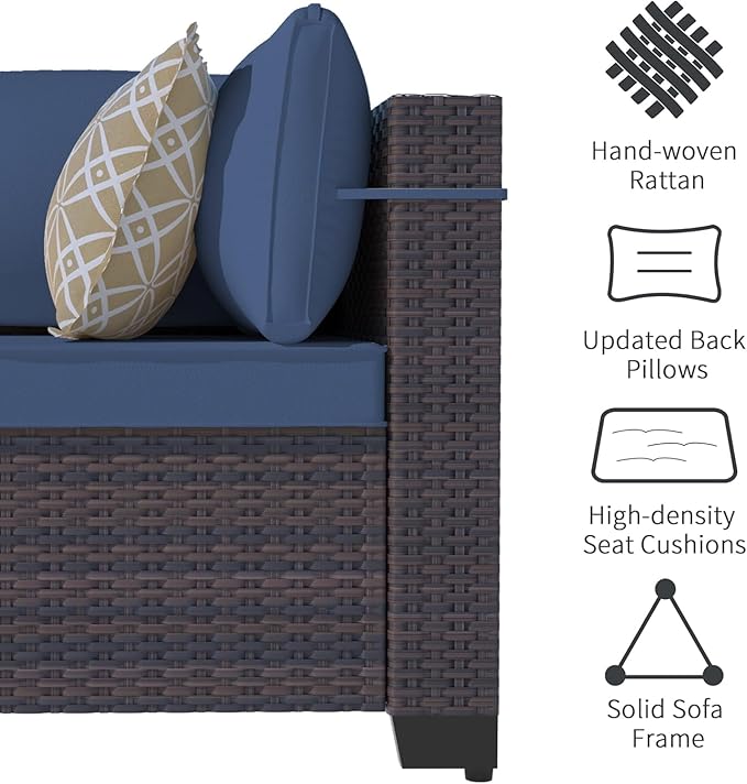 Outdoor Terrace Furniture Set, 8 Piece Outdoor Furniture Set, with 43 inch Aluminum 55003 BTU Propane fire Pit, PE Willow Vine Terrace Dialogue Set - Blue.