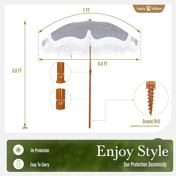 Sophia & William 7ft Outdoor Beach Umbrellas with Fringe, Portable Tilt Umbrellas for Sand, Patio, Lawn, Garden, Pool, Outing, Balcony