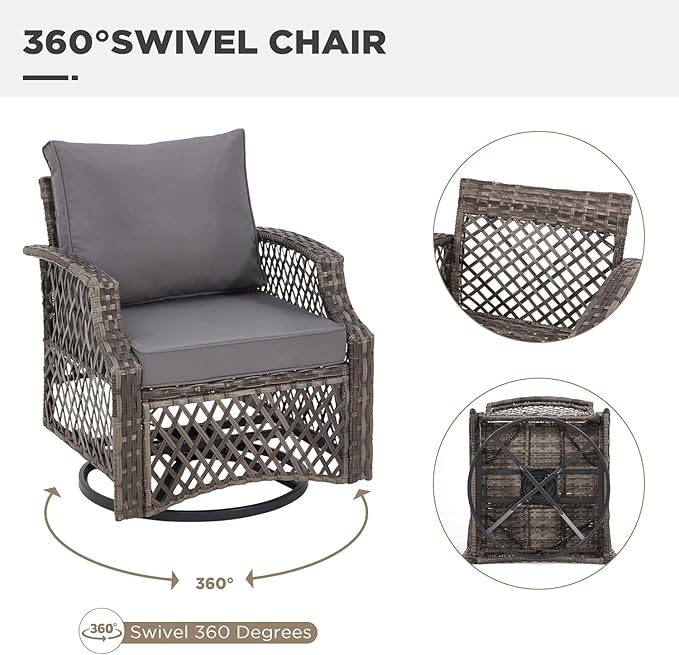 HOMREST 3 Piece Outdoor Swivel Chair Set, Wicker Patio Bistro Set with Thickened 25D Cushions and Glass Coffee Table, Patio Furniture Conversation Set for Deck, Yard, Garden, Poolside Gray