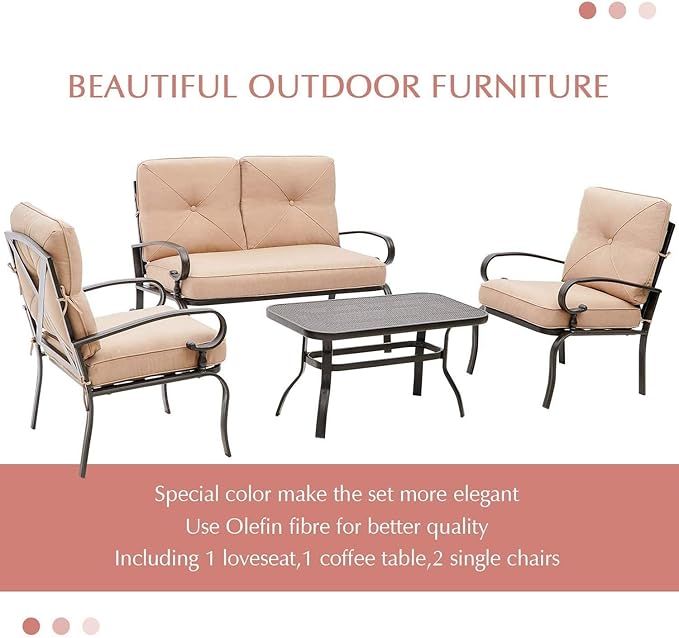 Outdoor Furniture Patio Conversation Set Loveseat, 2 Chairs, Coffee Table with Cushion, Lawn Front Porch Garden, Metal Chair Set Wrought Iron Look(Brown)