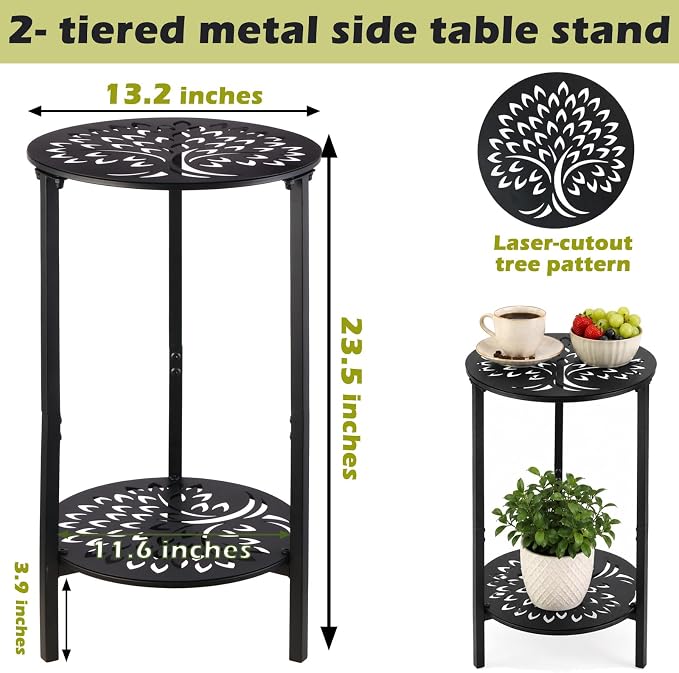 1 Pack 2-Tier Metal Round Side Table Black Accent Coffee Tables Small Space Corner Plant Stand Shelf for Indoor Outdoor Use Patio Balcony End Table Laser-Cut Floral Pattern Weather-Resistant