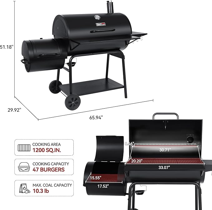 Royal Gourmet CC2036F Barrel Charcoal Grill with Offset Smoker, Outdoor BBQ Grill with 1200 Sq. In. Grilling Area for Large Event Gathering, Black