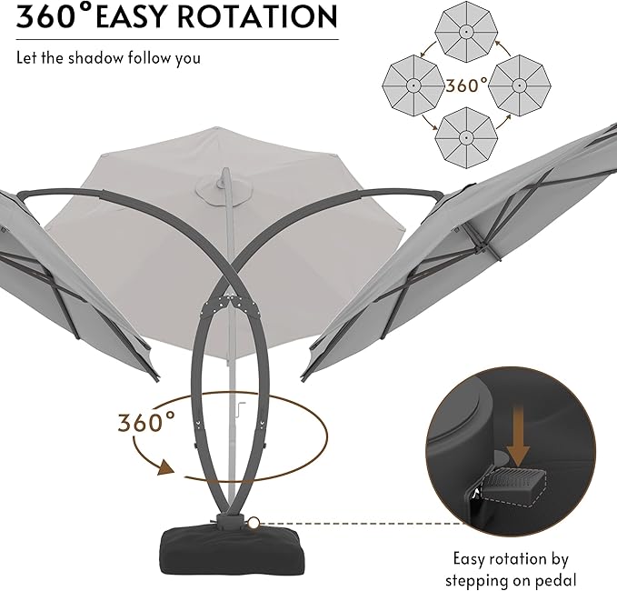 11FT Cantilever Patio Umbrella with Base Included, Large Cantilever umbrella with 360°Rotation, Heavy-Duty Offset Outdoor Umbrella for Patio,Pool,Garden and Backyard (Gray)