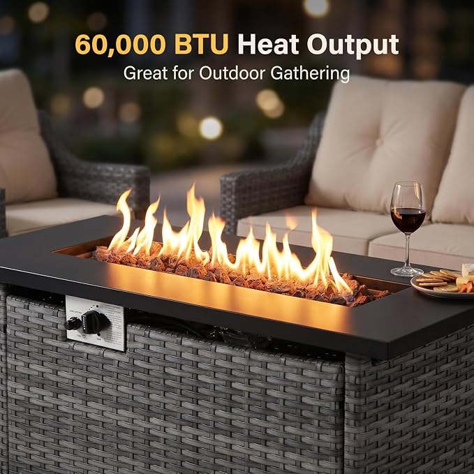 5-Piece Outdoor Patio Furniture Set, Grey Wicker Conversation Set with 2 Sofas, 2 Swivel Chairs and Rectangular 60,000 BTU Fire Pit Table, Beige Cushions