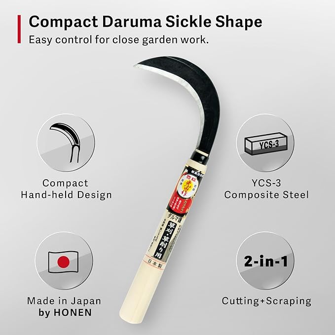 Japanese Garden Sickle, Hand Tool for Grass Cutting, Surface Weeding and Everyday Garden Work, Made in Japan by HONEN