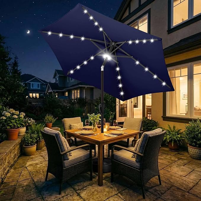 Jarka&Co 7.5ft Solar Patio Umbrella - Lighted Solar Outdoor Umbrella with 24 LED Lights Waterprool UV Protection, Market Table Umbrella with Tilt for Backyard, Garden, Pool, Porch (Navy Blue)