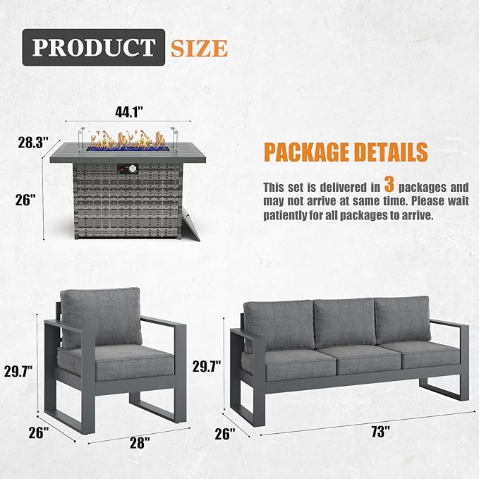 Outdoor Aluminum Furniture Set with Fire Pit Table - 4 Pieces Modern Patio Conversation Sets Metal Sectional Sofa Set