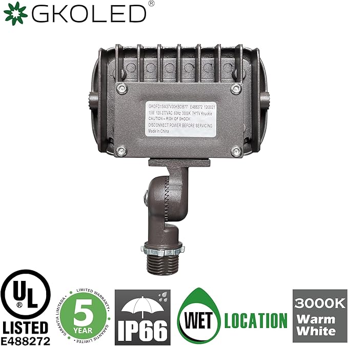 GKOLED Outdoor Security Floodlight, 15W Super Bright LED, 50W PSMH Equivalent, 1370 Lumens, 3000K Warm White, IP65 Waterproof, 120-277V, 1/2" Knuckle Mount, Compact Size, UL-Listed
