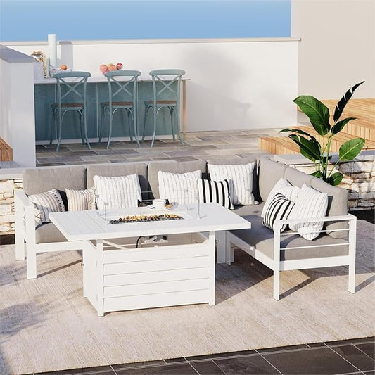 Solaste Aluminum Patio Furniture Set with Fire Pit Table, 6 Piece Sectional Metal Outdoor Furniture with Ottoman, Modern Patio Conversation Set Water-Resistant Cushion for Balcony, Front Porch, White