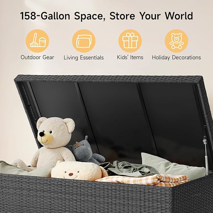 ONBRILL 158 Gallon XL Deck Box with Lid, All Weather Wicker Outdoor Storage Box Waterproof, Large Outdoor Patio Storage Bin for Cushions, Garden Tools, Gears, Black