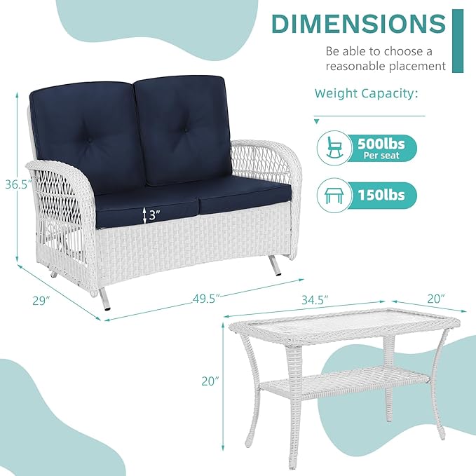 MEETWARM Outdoor Wicker Patio Glider Set, Loveseat for 2 Person Porch Furniture Glider with Glass-Top Coffee Table, Patio Glider Rocking Bench with Thickened Cushions, White Wicker/Navy
