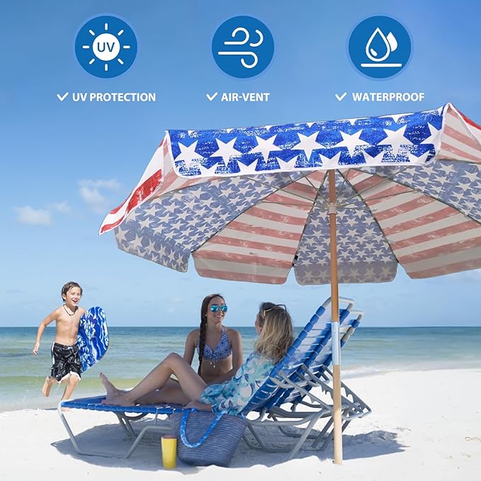 AMMSUN 7.5ft Heavy Duty HIGH Wind Beach Umbrella Commercial Grade Patio Beach Umbrella with Air Vent Ash Wood Pole & Carry Bag UPF 50+ Protection American flag