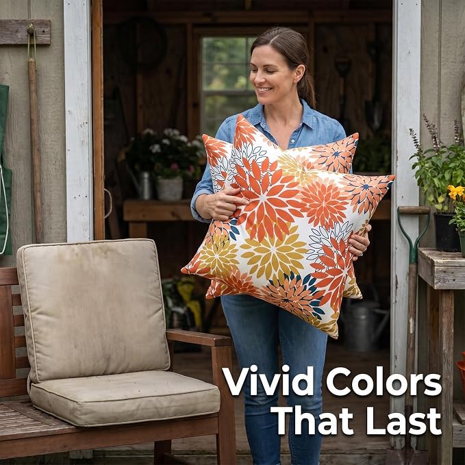 Set of 2 Dahlia Waterproof Throw Pillow Covers Outdoor Decorative Flowers Cushion Covers 18×18 Inch Spring Summer Pillowcases with Invisible Zipper for Couch Bench Garden Patio Funiture