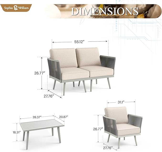 Sophia & William 5-Piece Patio Furniture Set, Outdoor Sectional Furniture with Classic Rope PE Rattan and Coffee Table, All-Weather Conversation Set with Anti-Rust Frame and Olefin Cushions