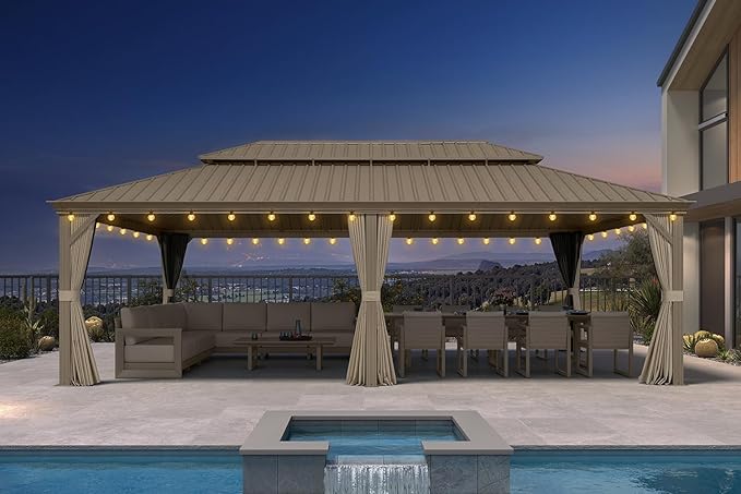 PURPLE LEAF Outdoor Gazebo 14'X24'，Champagne Hardtop Gazebo with Galvanized Steel Double Roof, Permanent Patio Gazebo with Curtains and Netting for Patio Lawn Garden and Deck