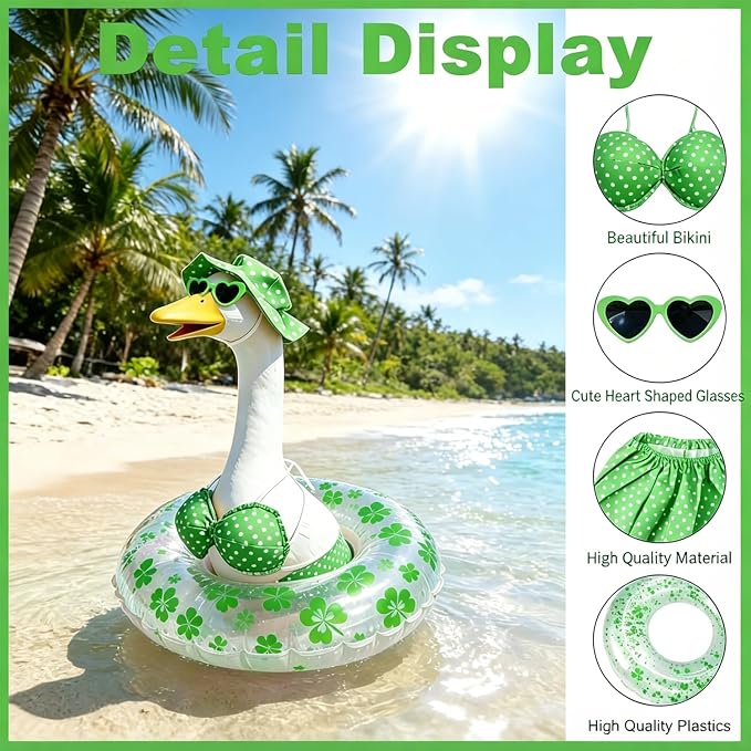 Hawaiian Porch Goose Outfits with Hat Sunglasses & Swim Ring, Summer Bikini Goose Outfit Clothes Costume Fits 23" Cement Geese Statue, Summer Garden Lawn Patio Yard Outdoor Decor (Summer style-Green)