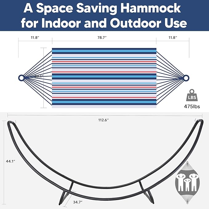 SUNCREAT 2 Person Hammock with Stand, Space Saving Free Standing Hammock with Stand Included, Patent Pending, Blue Red