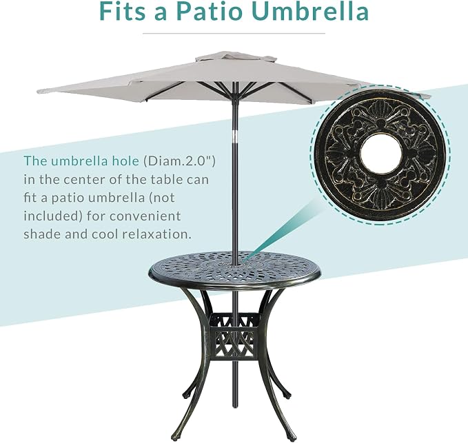 MEETWARM 3-Piece Outdoor Patio Dining Set, All-Weather Cast Aluminum Patio Conversation Set for Backyard Garden Deck with 2 Cushions Swivel Rocker Chairs and 31" Round Table, Umbrella Hole, Navy Blue