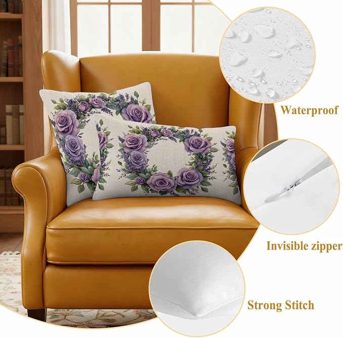 Spring Flower Outdoor Waterproof Throw Pillow Covers Set of 2, 24"x24", Purple Rose Wreath Blooming Floral Retro Decorative Pillow Covers Outside Cushion Case for Patio Porch Garden