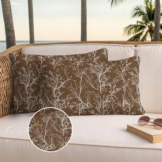 Brown Branches Waterproof Outdoor Pillow Covers Set of 2 Home Decor, Abstract Art Leaves Plant Lumbar Pillowcase Patio Pillow Covers for Couch Bench Patio Furniture Garden 20x12in