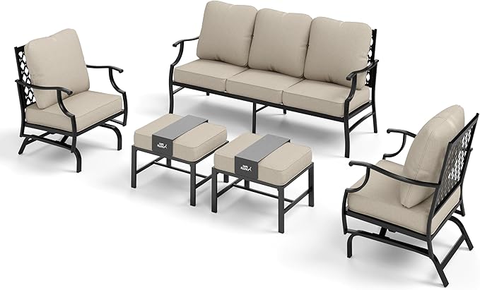 Patio Furniture Set 5 pcs, Outdoor Patio Furniture Set, 3-Seat Sofa, 2 Rocking Chairs, 2 Ottomans and 5.75" Extra Thick Cushion, Patio Conversation Set for Garden Backyard Deck,Beige
