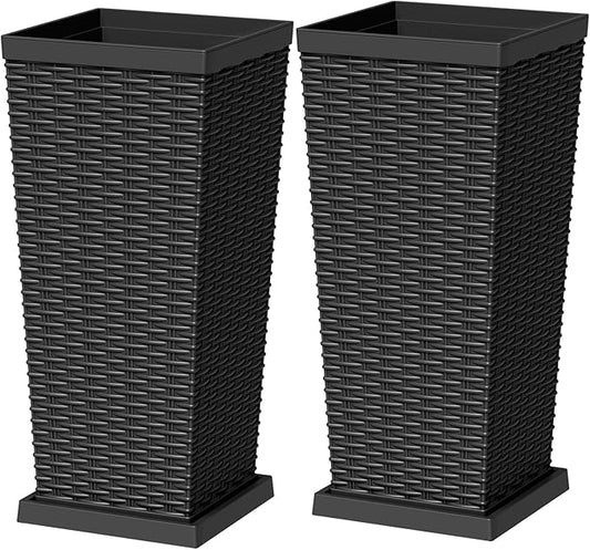 Greesum 23 Inch Tall Plastic Planters with Detachable Inner Pot & Drainage Holes (Set of 2), Large Outdoor Flower Pots for Plants, Trees, Patio, and Garden, Black