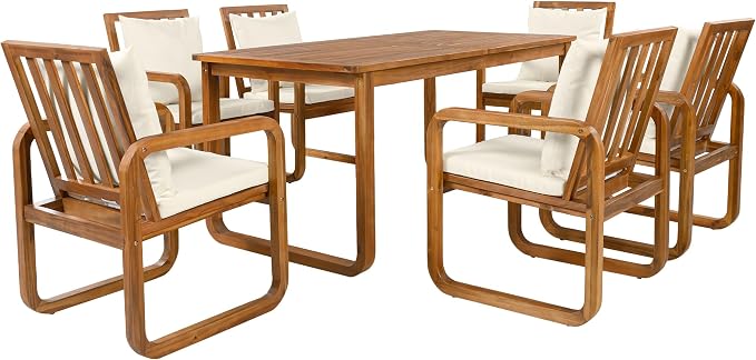 RUNNA 7 Pieces Outdoor Patio Dining Table Set with Removable Cushions, Modern Armrests and Spacious Table, Outdoor Furniture Set for Backyard, Garden Entertaining (Brown-A7)