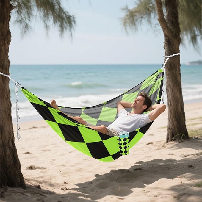 Buffalo Plaid Yellow Green Black 330lb Capacity Outdoor Hammock with Tree Straps Hanging Hammock for Outside Patio Backyard Poolside hamaca con Base para adultos