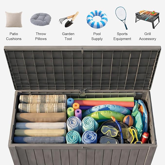 180 Gallon Waterproof Outdoor Storage Box, UV-Resistant & Lockable Lid | Resin Deck Box , Heavy-Duty Large Patio Outside Cushions for Garden Tools, Pool Accessories, Package Delivery, Chest, Toys