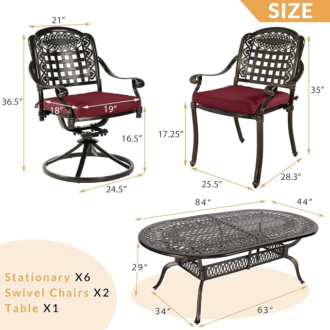 9-Piece Patio Dining Set, Outdoor Patio Table and Chair Set of 84” Oval Cast Aluminum Dining Table with Umbrella Hole, 6 Stationary, 2 Swivel Rocker Chairs, Patio Funiture Set, Red