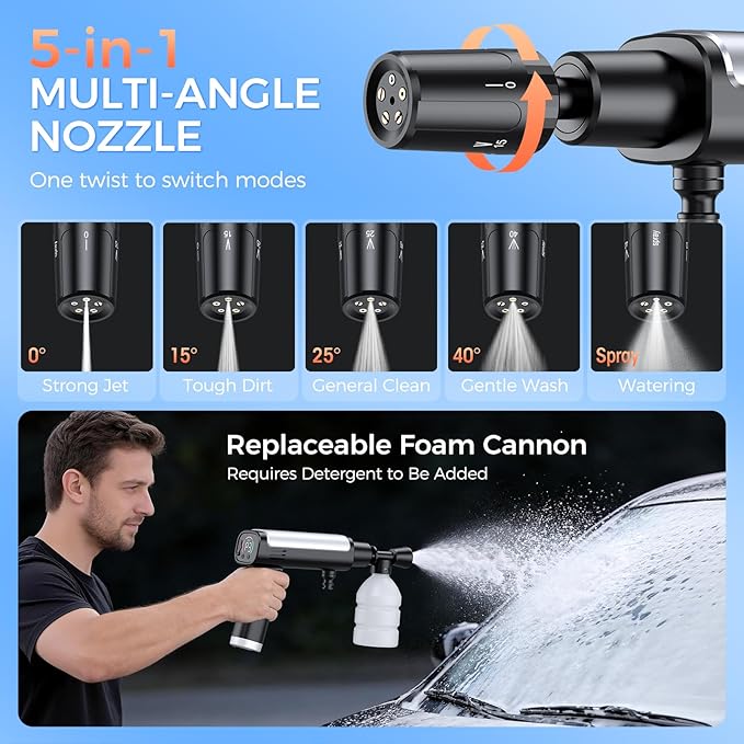Foldable Pressure Washer Portable Battery Washer with 5-in-1 Nozzle, 3 Levels & LCD Display, Handheld Washer for Car, Bike, Patio & Camping (Black)