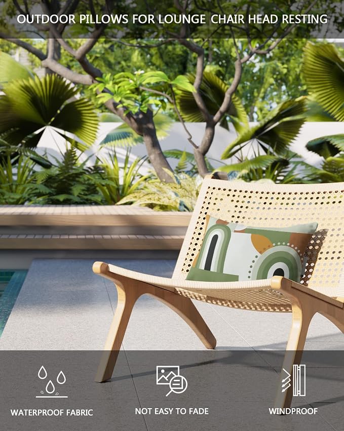 Outdoor Pillows Covers with Inserts Mid-Century Modern Art Geometric Abstract Green Waterproof Pillow with Adjustable Strap Throw Pillows for Patio Furniture Recliner Lounge Chair, 12x20 inch, 2PCS