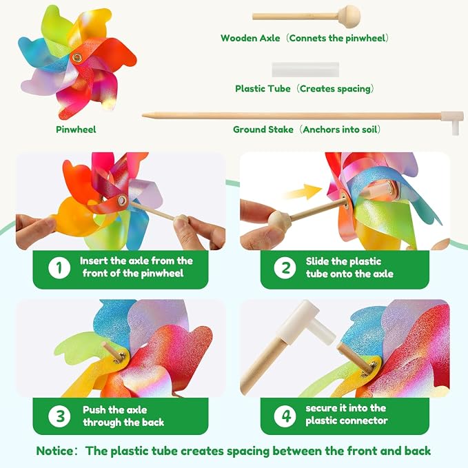 IilLittle 10 Pack Rainbow Pinwheel, Pinwheels for Kids | Assembly Instructions Included, Easy Assembly, Wooden Pole, PP Plastic, Waterproof, Sturdy