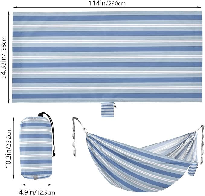 Qilmy Blue Stripes Camping Hammock Single – 330 lbs Capacity, Lightweight with Tree Straps & Carabiners, Portable for Hiking, Travel, Backpacking