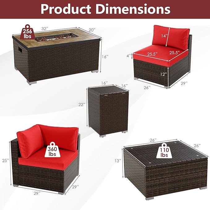 Tangkula 7 Pieces Outdoor Sectional Sofa Set Set with 32” Fire Pit Table and Propane Tank Cover, for Deck, Garden and Backyard, Fire Pit Protective Cover Included (Red)