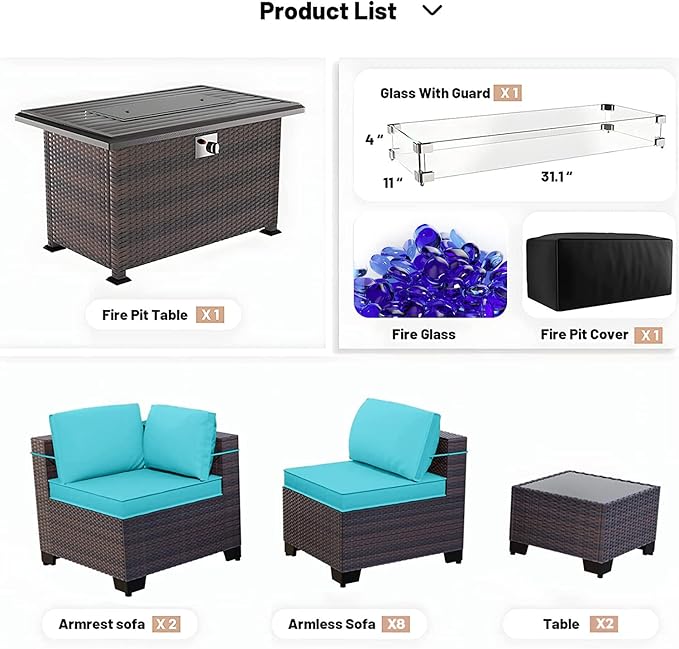Kullavik 15 Pieces Outdoor Patio Furniture Set with 43" 55000BTU Gas Propane Fire Pit Table PE Wicker Rattan Sectional Sofa Patio Conversation Sets,Blue