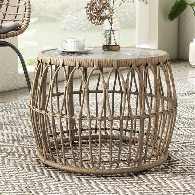 Afuera Living Round Outdoor Coffee Table, Natural PE Wicker/Rattan with Tempered Glass Top, 21.65" Diameter x 15.75" Height, Powder-Coated Steel Frame, Boho Style for Patio, Garden, or Indoor Spaces