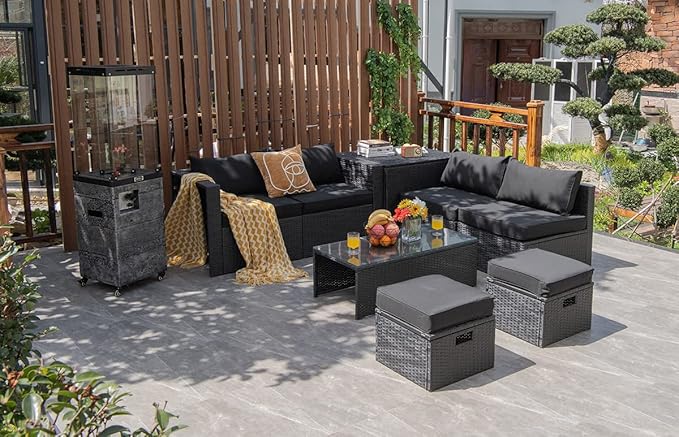 Tangkula 8 Pieces Patio Furniture Set with Waterproof Cover, Patiojoy Space Saving Outdoor PE Rattan Set with Storage Box, Tempered Glass Table, 2 Ottomans, 2 Armless Sofas & Corner Sofas