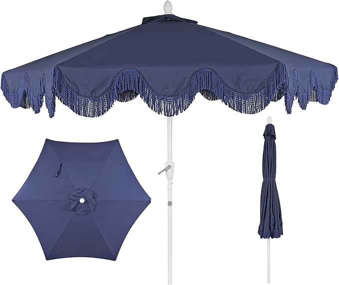 JONATHAN Y UMB1001 Collins 9 ft. Classic Cottage Tassel Market Patio Umbrella with Auto-Tilt, Crank, Wind Vent and UV Protection