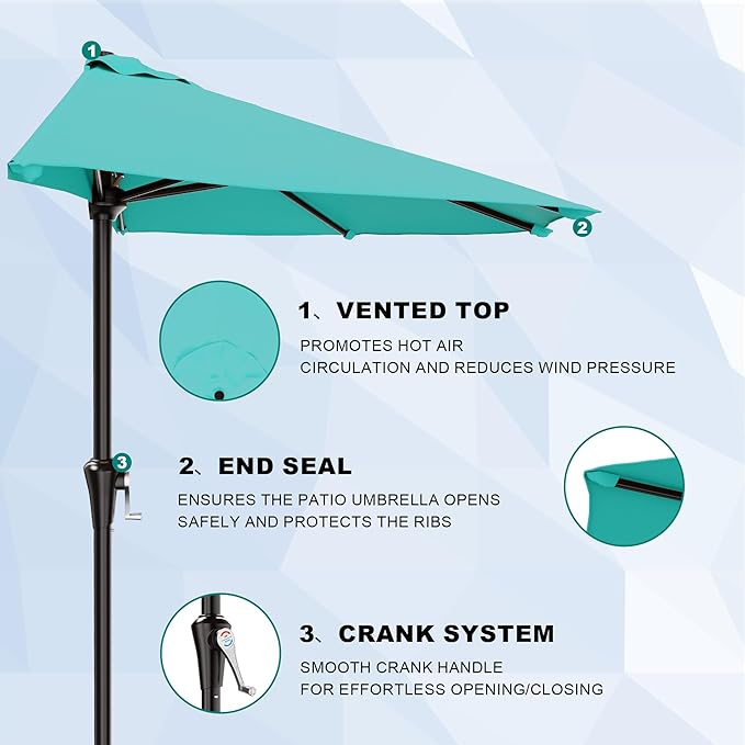AreShark 9FT Half Patio Umbrella, Outdoor Wall Umbrella with Crank & 5 Sturdy Ribs,Table 1/2 Umbrella Patio for Garden, Deck, Balcony and Pool, Teal Blue