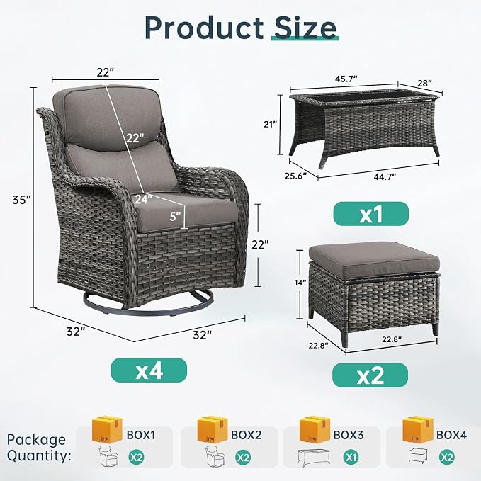 Outdoor Swivel Rocker Patio Chairs Set of 4 with Ottoman Coffee Table - 5" Thick Cushion 7 Piece Furniture Set All Weather Comfortable Wicker Conversation Set for Porch Deck - Gray/Gray