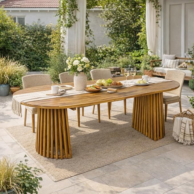 GDFStudio 83" Oval Dining Table with Racetrack Top, Outdoor Acacia Wood Dining Table for 6-8, Large Garden Dining Furniture, Slatted Pedestal Outdoor Furniture, Teak