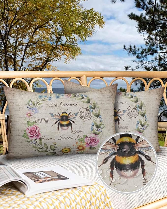 Outdoor Waterproof Throw Pillows Farmhouse Flower Leaf Wreath Patio Pillows Pack of 2,Decorative Pillow Covers with Insert,Pillow Cushion Case for Garden Couch Sofa Rustic Bee Retro Letter