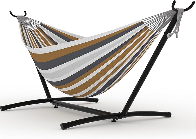 Heavy Duty Double Hammock with Steel Stand – Portable, Space-Saving, Comfortable Polyester Cotton, 450 lbs Capacity, for Outdoor, Patio, Garden, or Yard, Includes Carry Bag